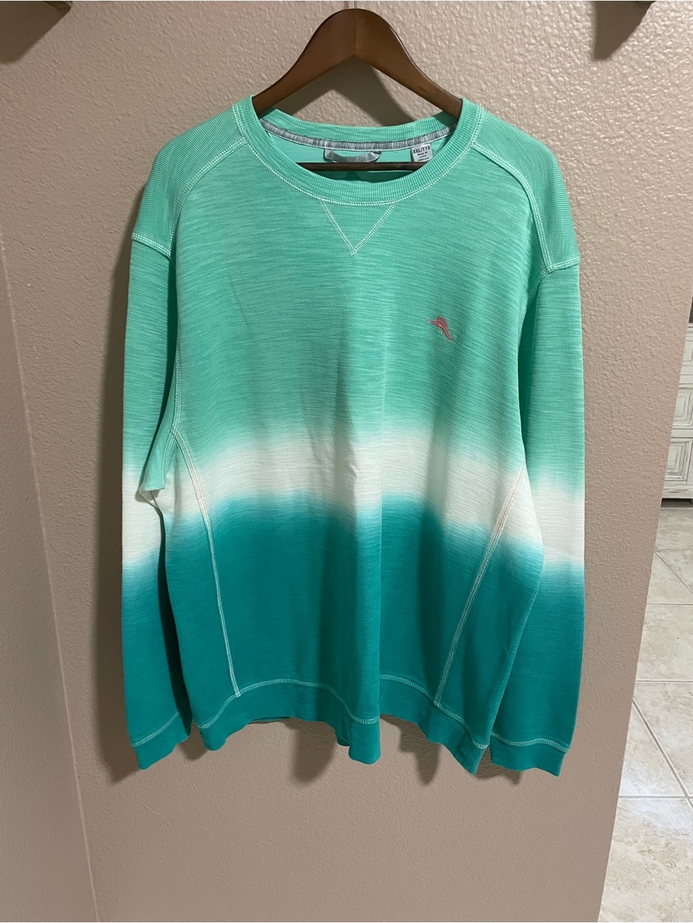 Tommy Bahama Tobago Bay  Gradient Teal and White Crewneck Sweater dip-dye design